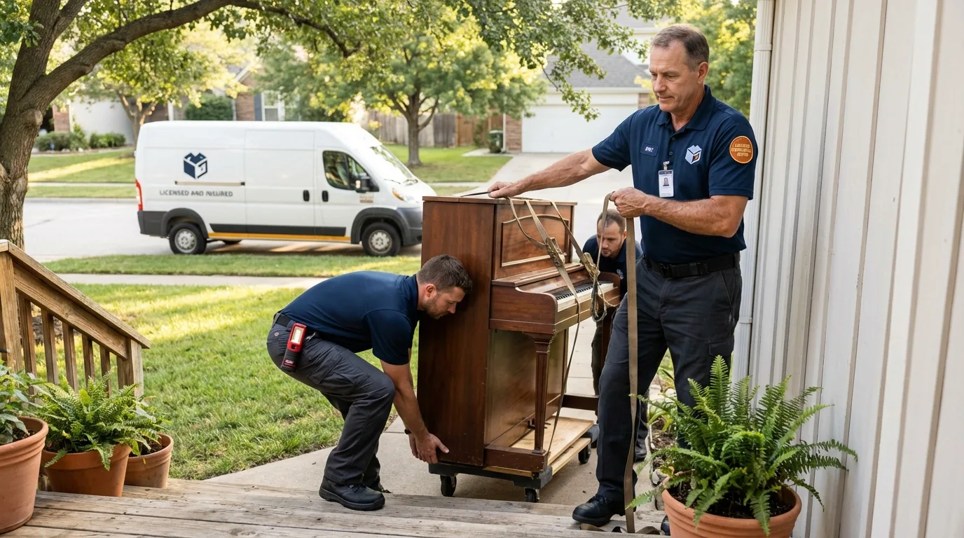 Licensed piano movers securing grand piano in Waverly, NE