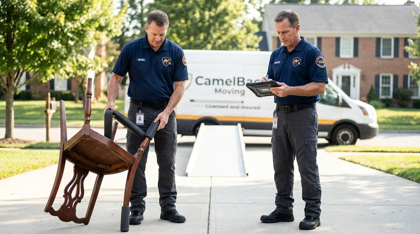 Movers inspecting furniture for damage prevention before loading in Waverly, NE