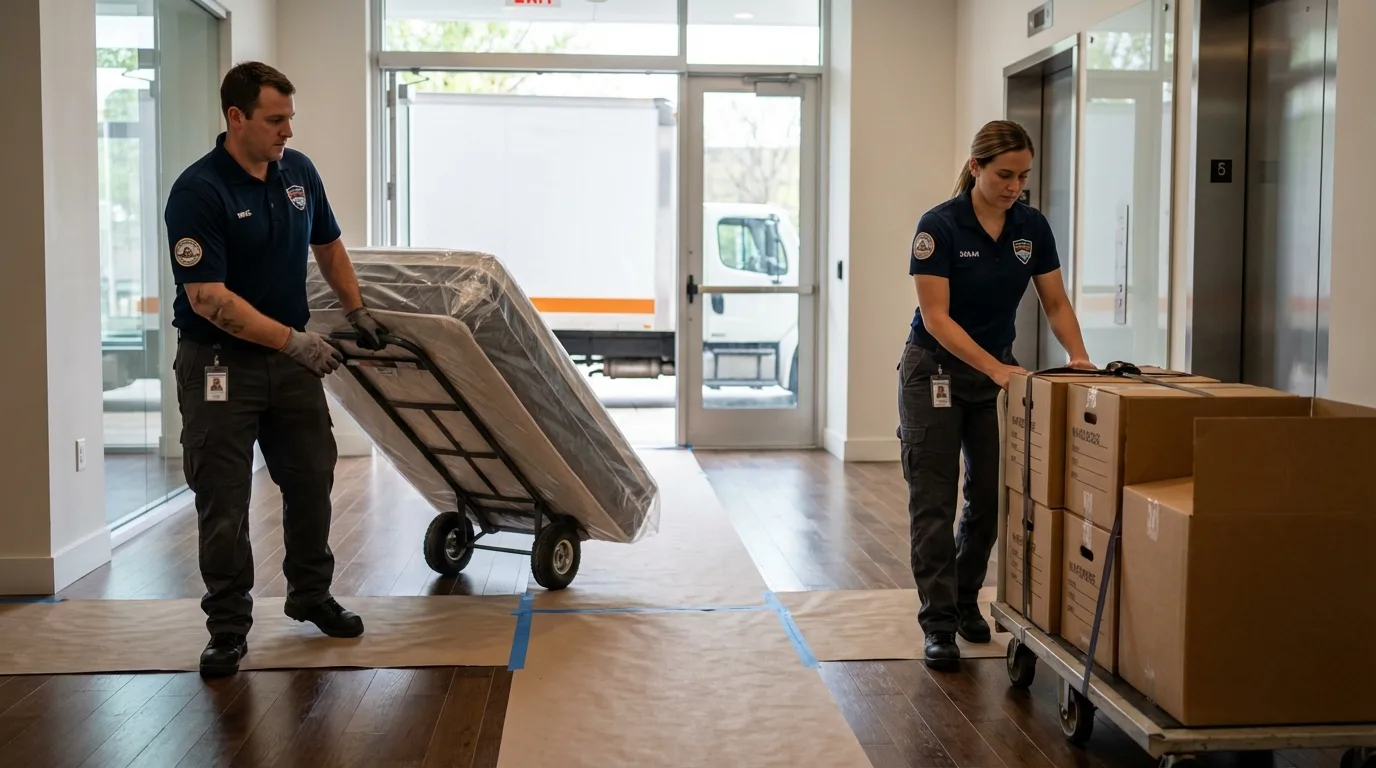 Professional apartment movers loading elevator in Waverly, NE
