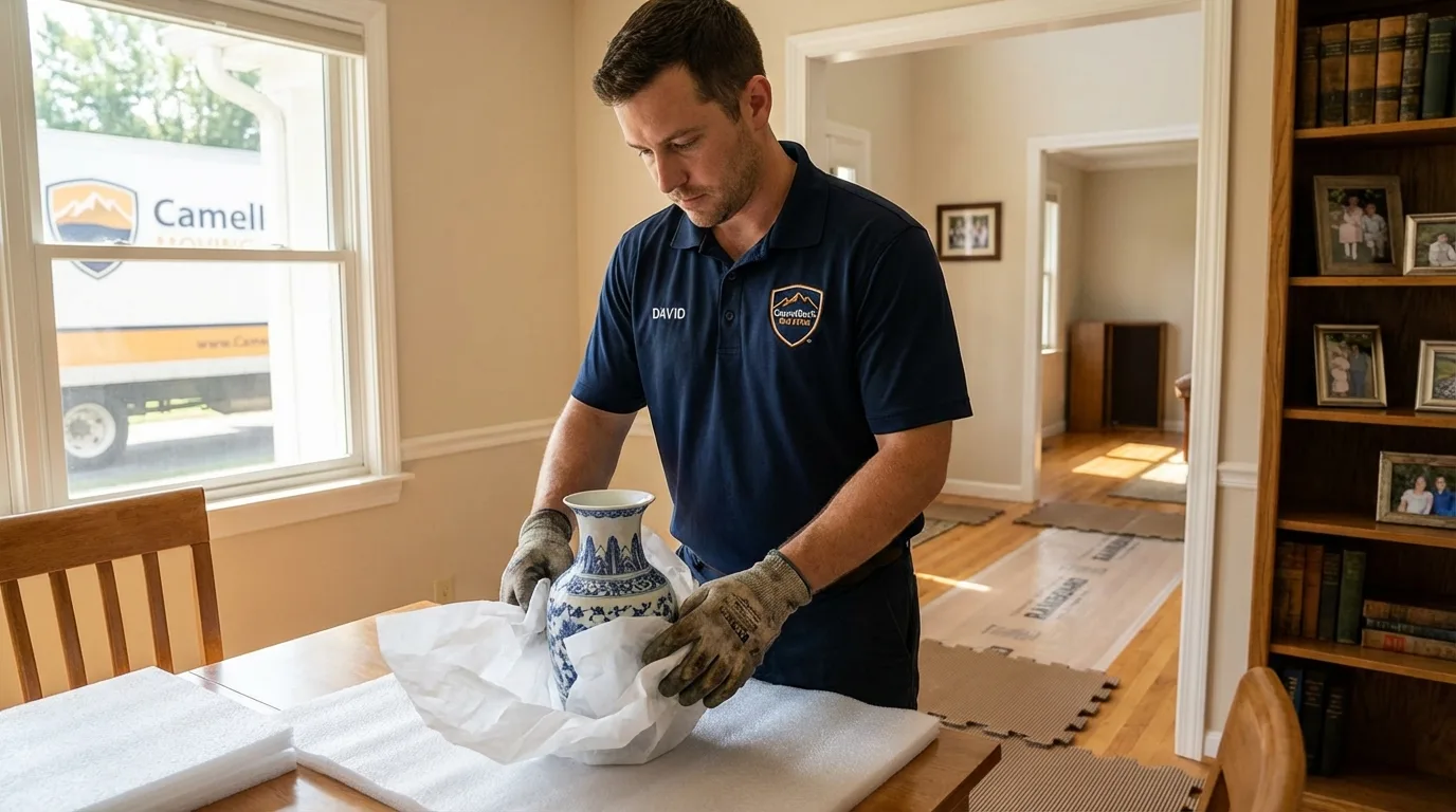 Professional crew carefully wrapping antique vase for senior downsizing move in Waverly, NE